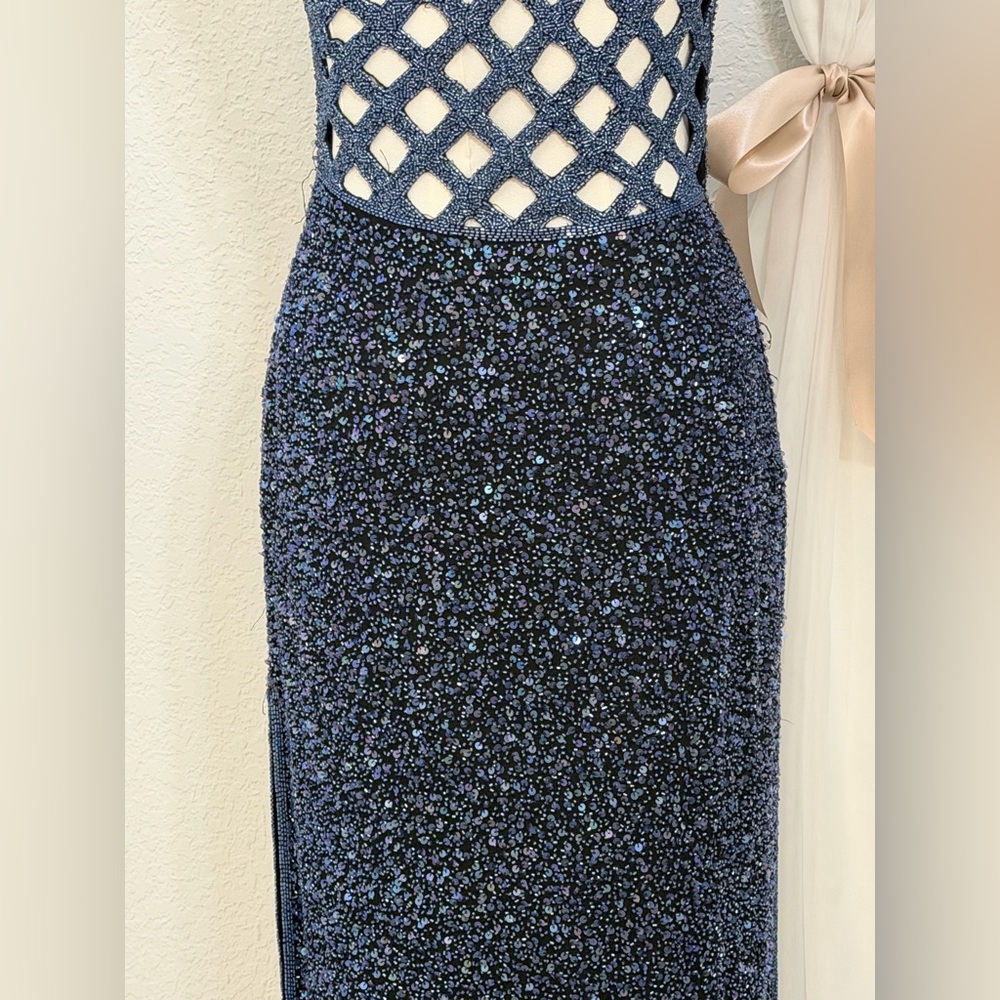 SCALA Fully Beaded Navy Blue Silk Formal Evening Prom Dress Gown Sz M - $1398 - Picture 12 of 16